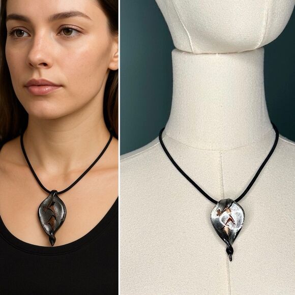 Artisan Glass Leaf Pendant Necklace Handcrafted Murano Style Swirl Black Cord - Picture 1 of 10